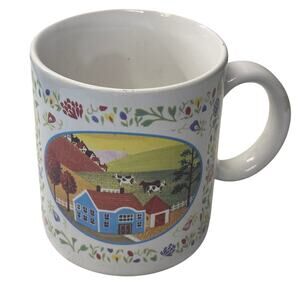 Vintage Japan Country Farm Scene Folk Art Cottage Core Cows Coffee Cup Mug